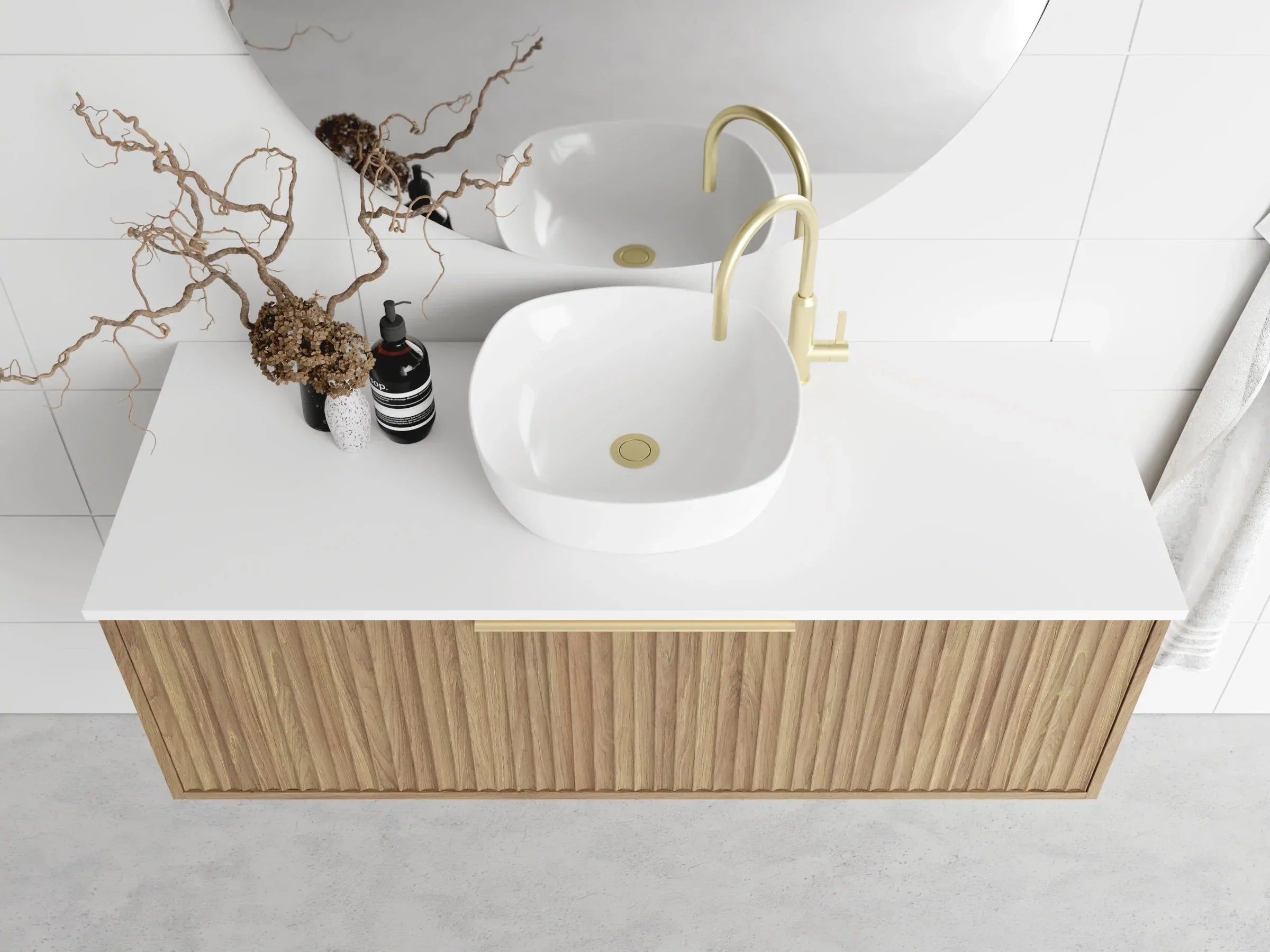 Ex-Display Cove 3 900mm Wallmount Vanity in Prime Oak with Symphony Blanco Acrylic Benchtop