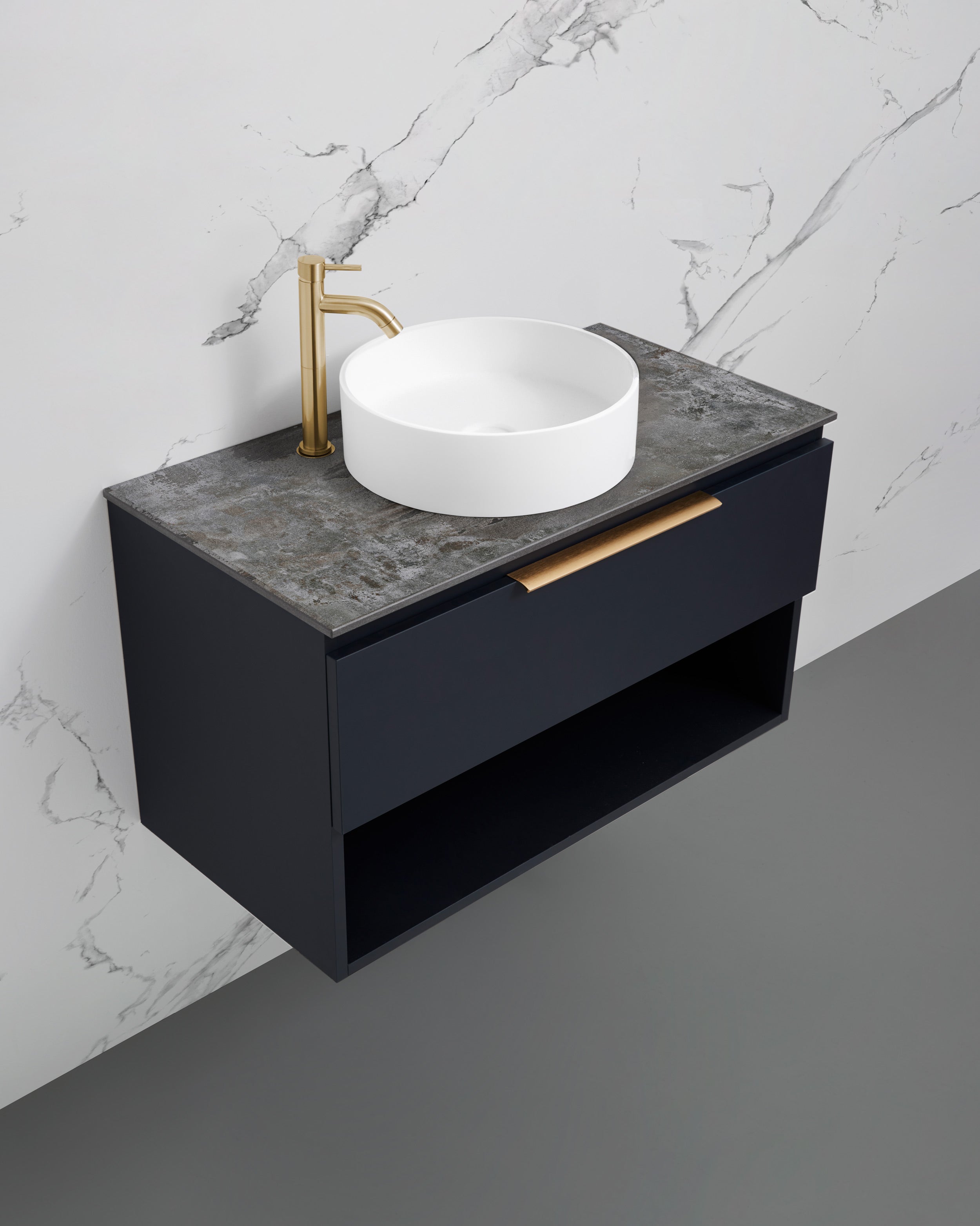 Ex-Display Oxford 900mm Wallmount Vanity in Absolute Matte Oxford Blue, with Dekton Porcelain Benchtop in Aura