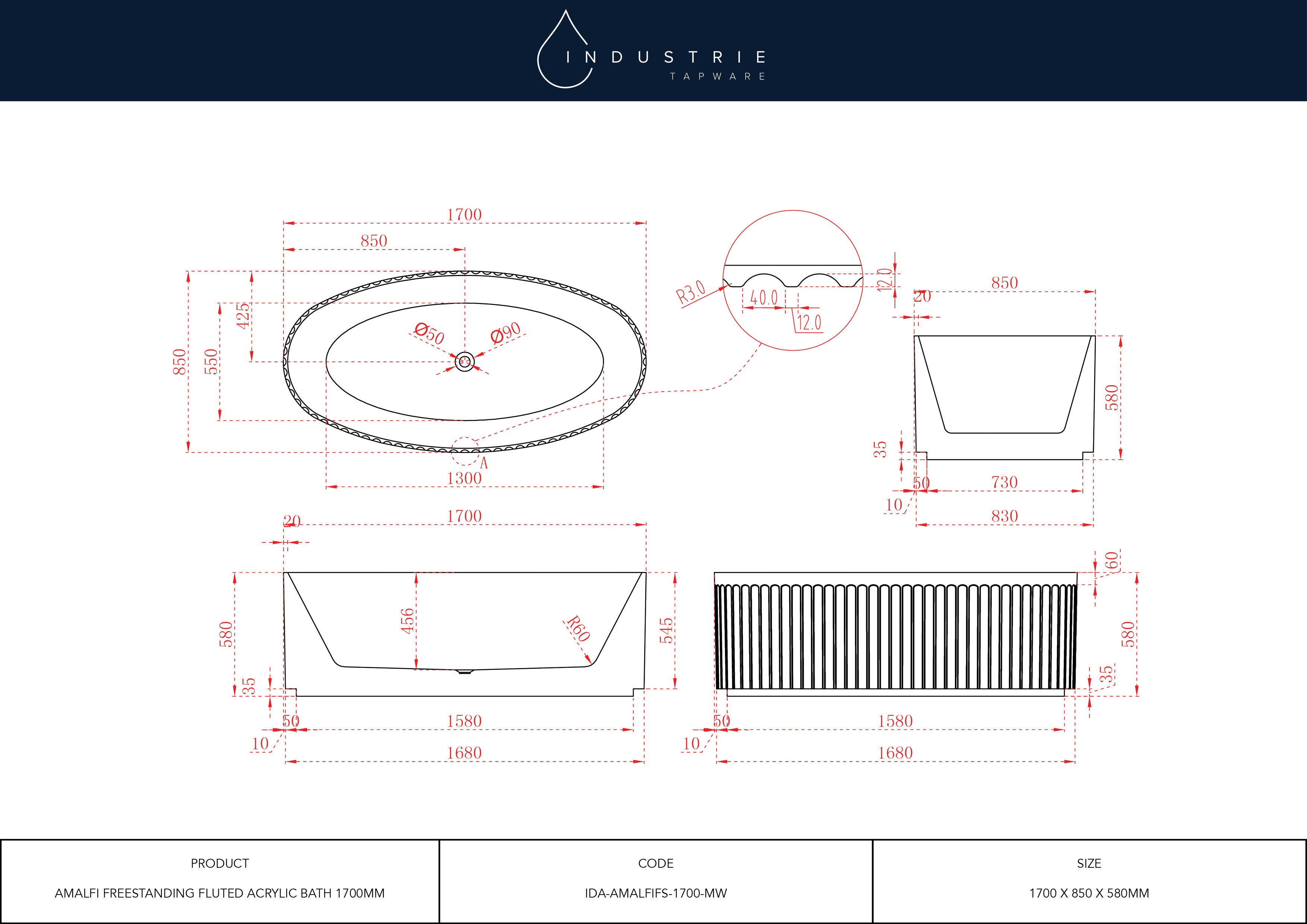 Specification sheet for Amalfi Freestanding Bathtub showing dimensions and design details