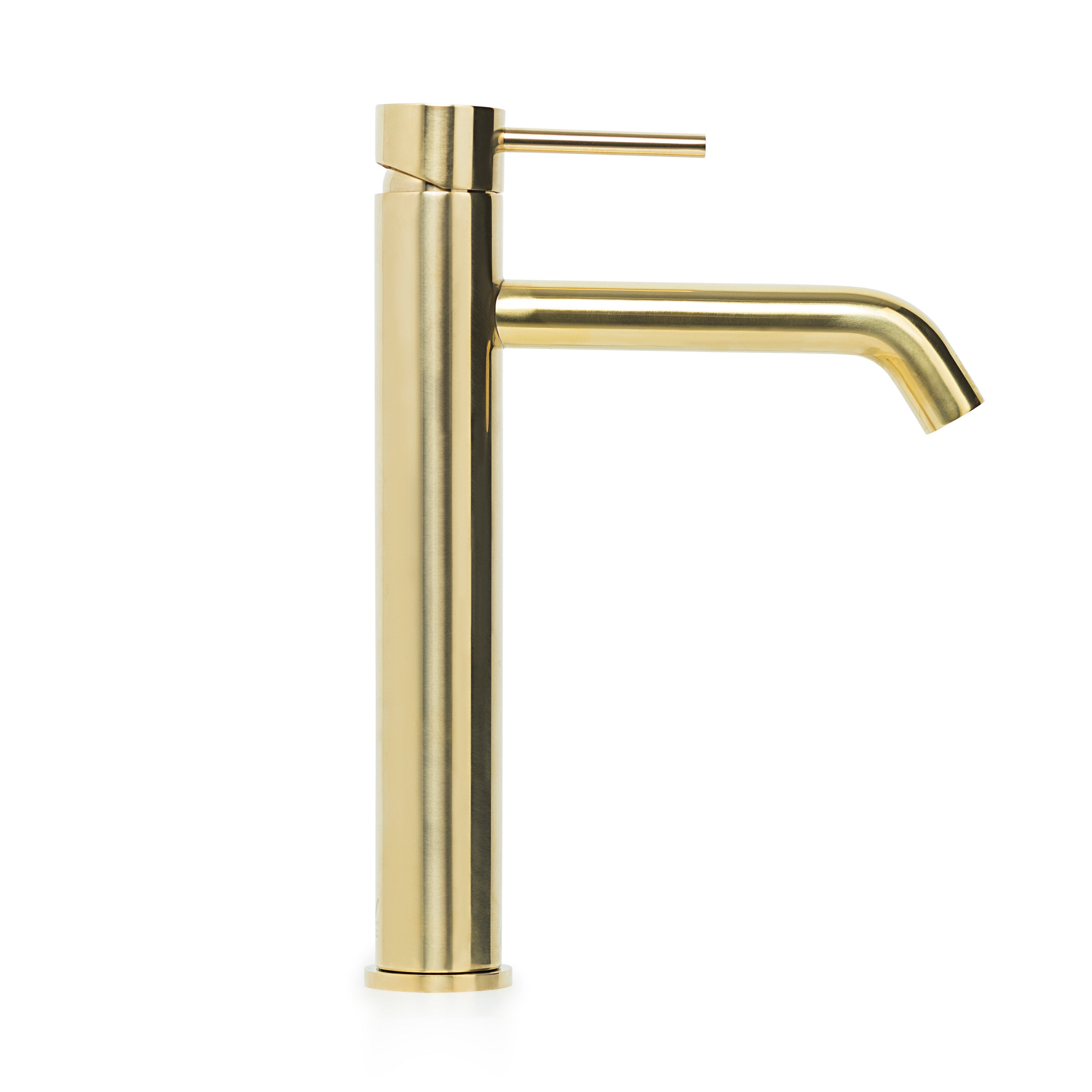 Bondi Pin Lever Extended Basin Mixer with Curved Spout in Raw Brass
