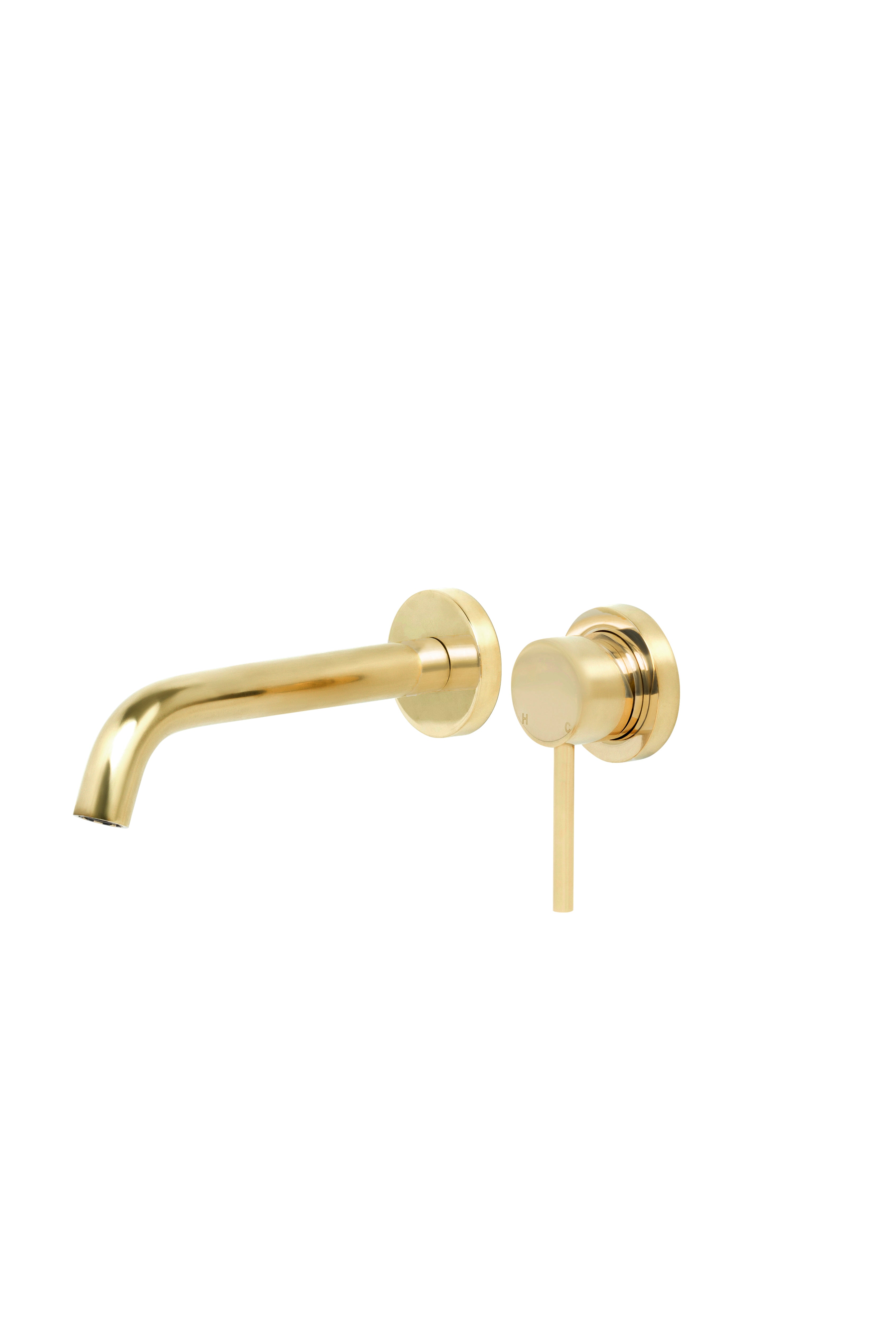 Bondi Pin Lever Wall Mixer Set with Curved Spout in Raw Brass