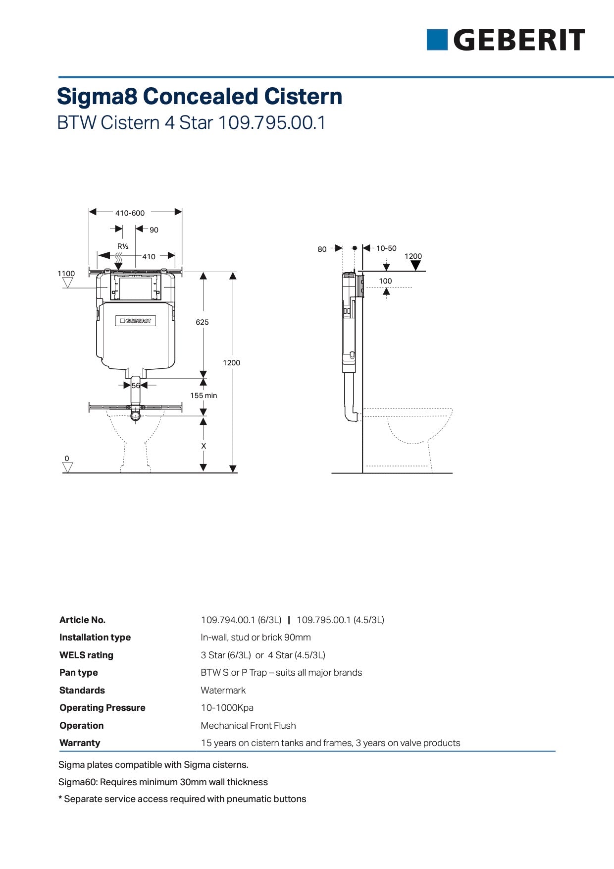 Geberit Sigma8 Concealed Cistern to suit The Eyre Rimless Concealed Cistern Toilets
